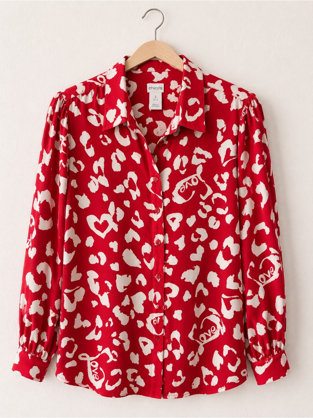 Chico's Red Button-Down Shirt with White Heart Print